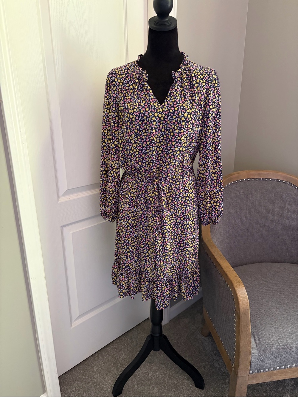 Draper James Purple Floral Long Sleeve Tie-Waist Dress